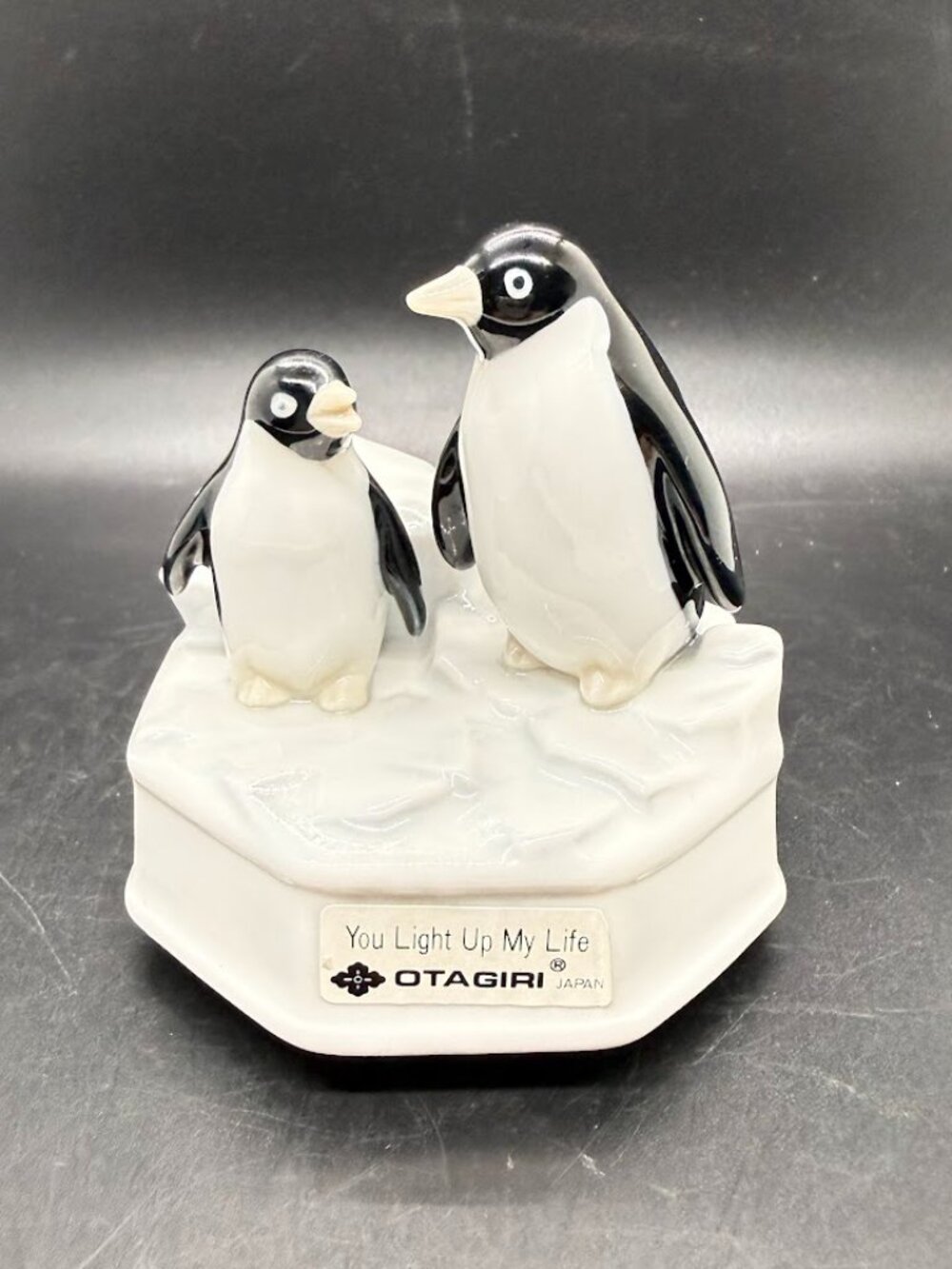 Vintage Otagiri Japan Penguin Mother & Child Rotating Music Box Light Up My Life